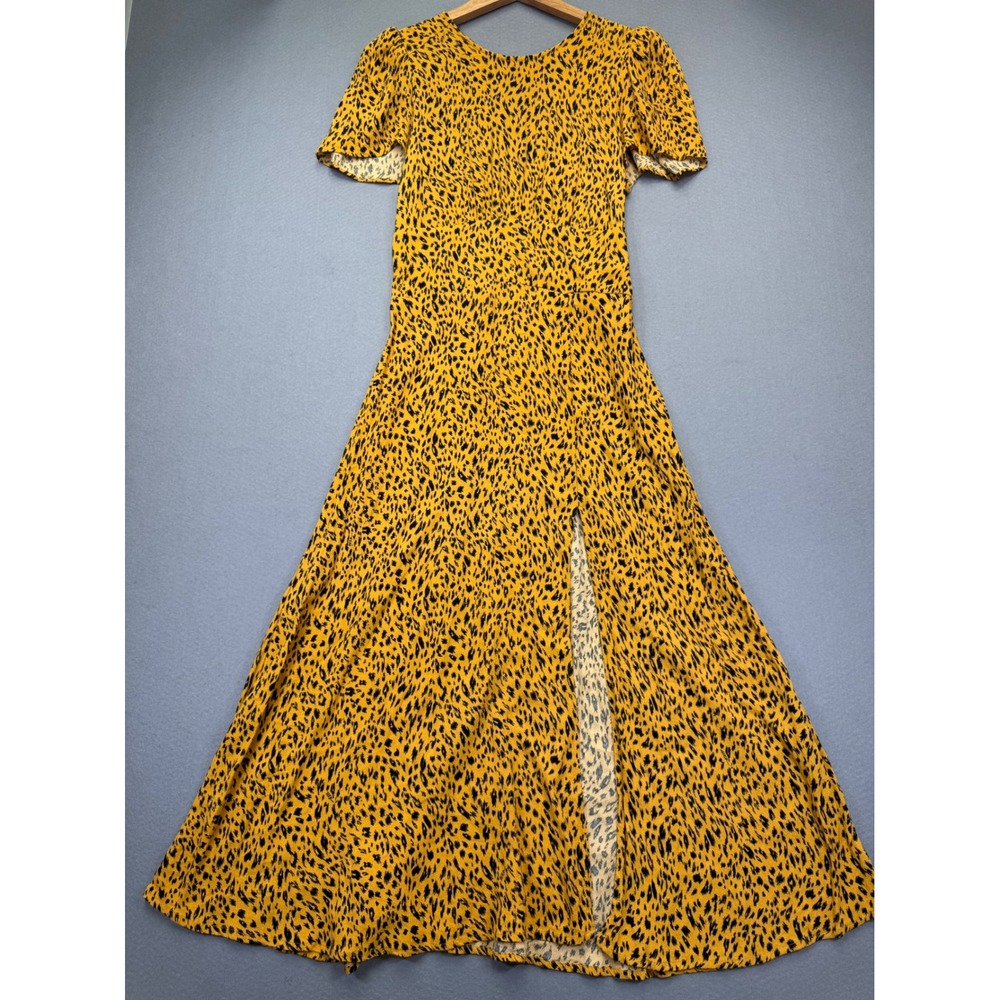 AFRM Yellow Cheetah Animal Print Maxi Dress Short Sleeve‎ Front Slit Medium